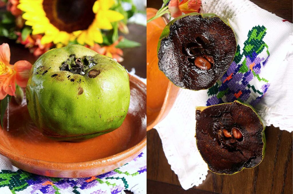 A Mexican fruit called sapote negro on a brown bowl and the other side is the fruit sliced in half revealing it's dark chocolate colored flesh.