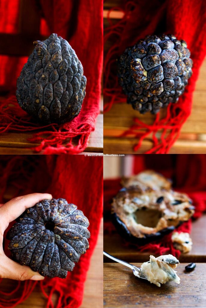 A collage of saramuyo fruit from Mexico which is also known as sugar apple in English.