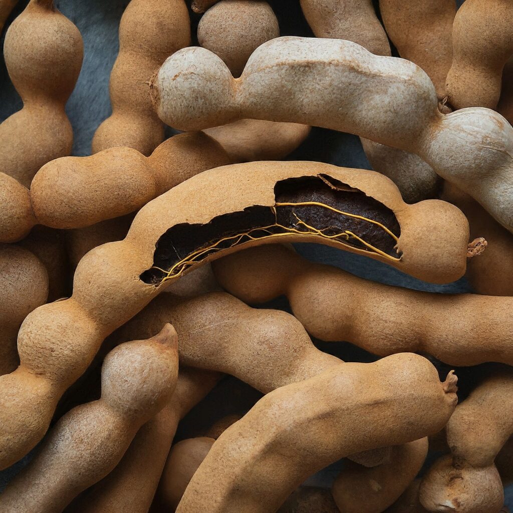 An AI generated image showing several tamarind pods laying on top of each other on a grey table. One pod is cracked open to reveal the sweet, sticky fruit inside.