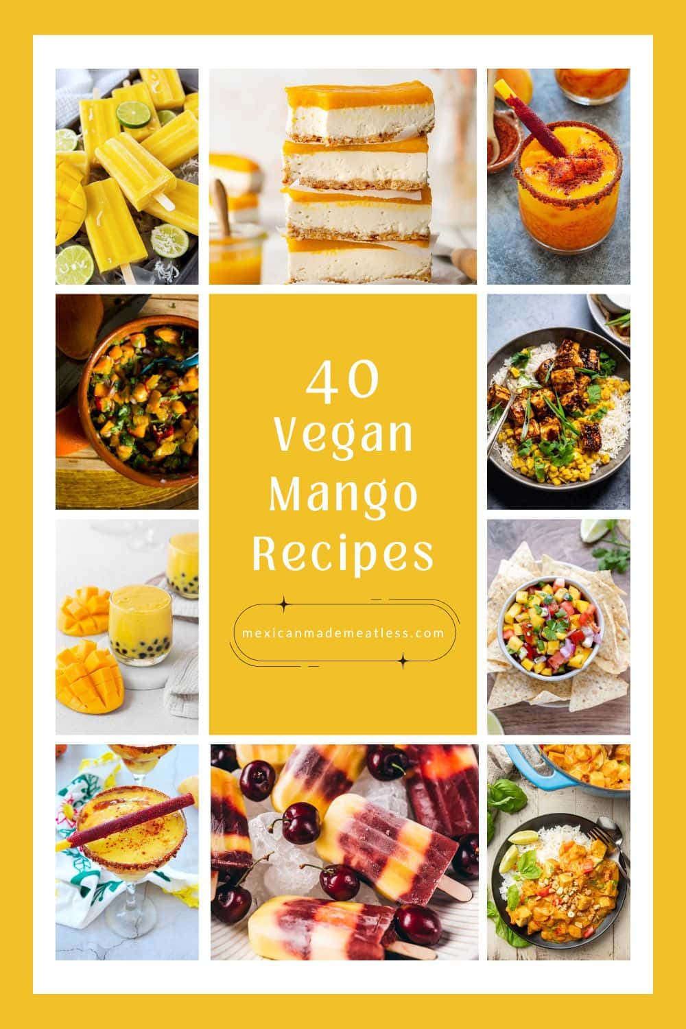 A collage showing ten different pictures of vegan mango recipes.