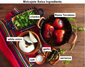 A vibrant display of molcajete salsa ingredients rests on a woven cloth: chopped cilantro, roasted Roma tomatoes, grilled white onion, garlic cloves, roasted serrano peppers, and a bowl of salt—all clearly labeled.