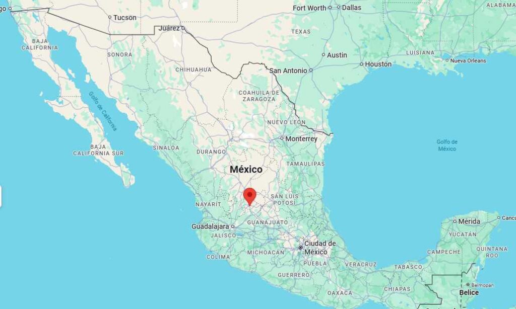 Map of Mexico indicating where Aguascalientes is.
