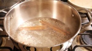 A stainless steel pot of water boiling on a stove with two cinnamon sticks floating in it.