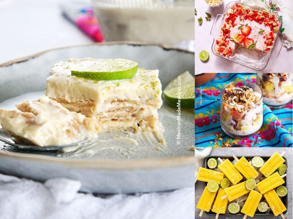 A collage shows four no-bake Mexican desserts: a creamy no-bake Mexican dessert icebox cake with a lime slice on top, a carlota de fresa in a glass dish, individual bionico with granola and fruit, and mango popsicles with fresh lime slices.