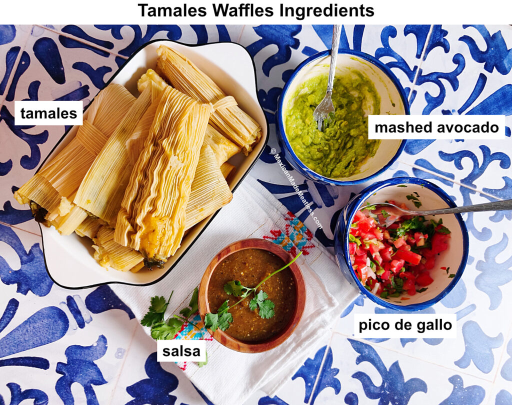 A dish with tamales, a bowl of salsa, mashed avocado, and pico de gallo, all labeled, on a blue and white patterned table.